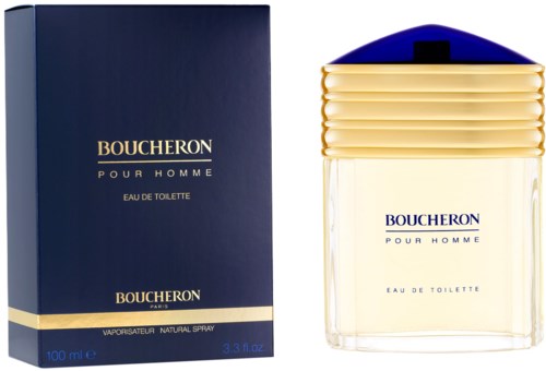 A perfume bottle with a blue and gold cap and a matching navy box with gold and white text.