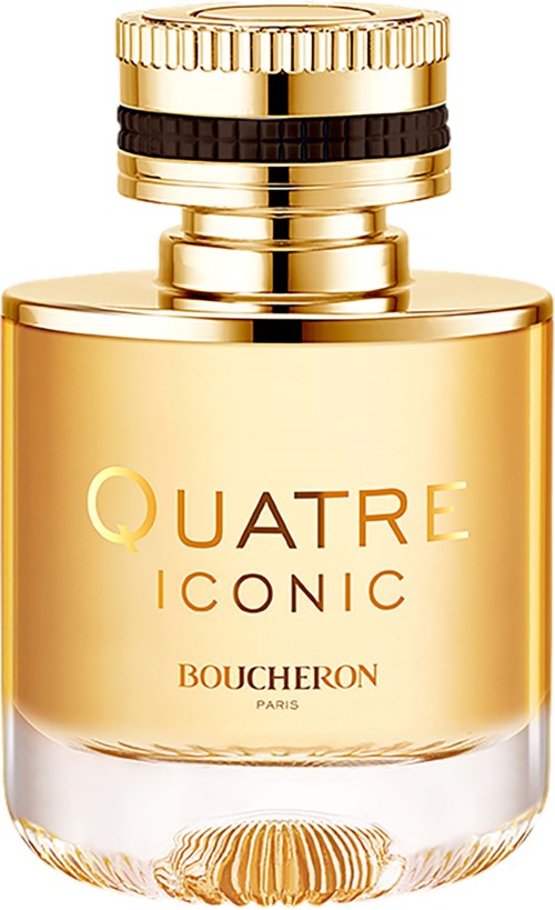 A gold perfume bottle with a black band, labeled Quatre Iconic by Boucheron, Paris.