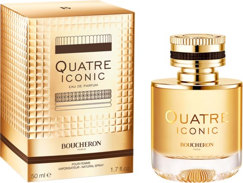 Gold-colored perfume bottle and box with black and gold details. The box shows the name Quatre Iconic by Boucheron.