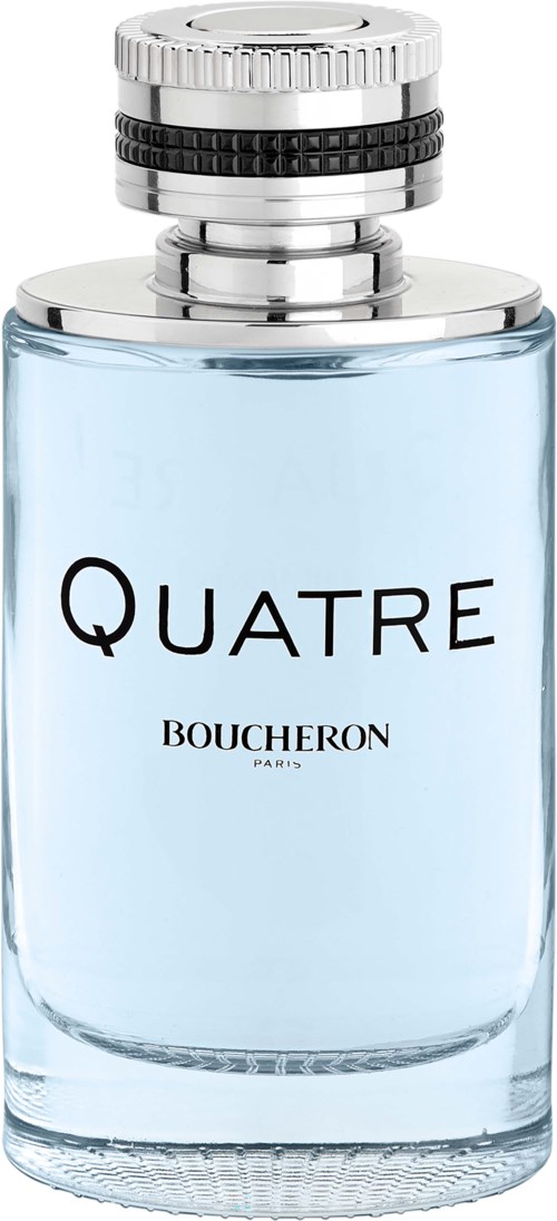 A clear glass bottle with a silver and black cap, labeled "QUATRE" and "BOUCHERON PARIS".