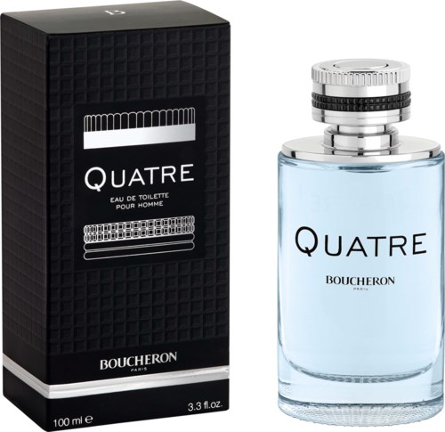A perfume bottle with a black box and a clear glass bottle labeled 'QUATRE' by Boucheron.