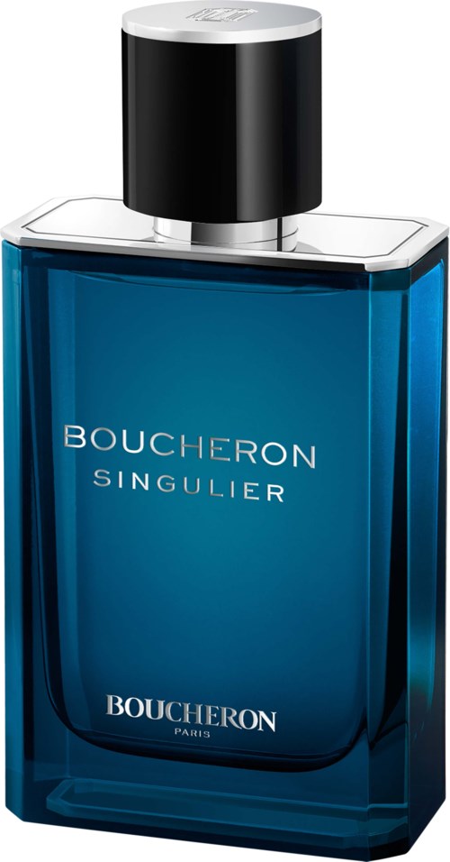 A blue perfume bottle with a black cap, labeled Boucheron Singulier, from Paris.