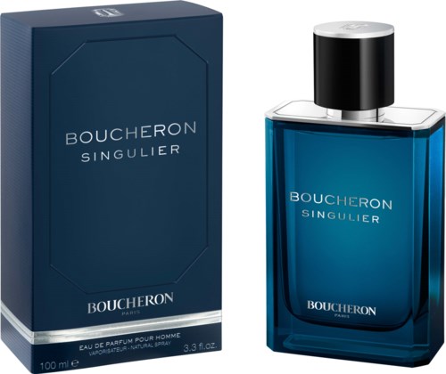 A blue perfume bottle and box with the name Boucheron Singulier, indicating a men's fragrance.