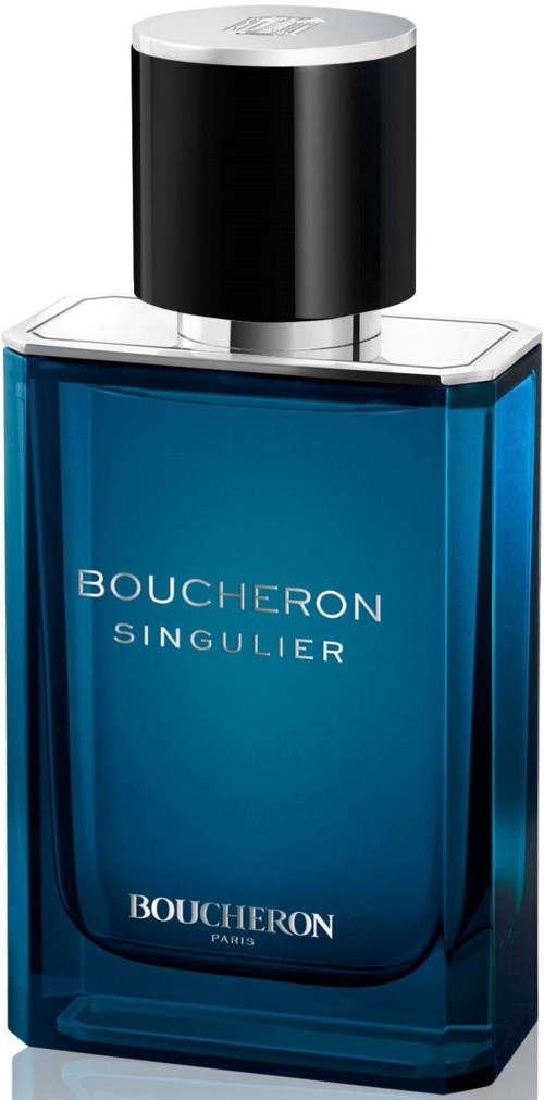 A blue perfume bottle with a black cap, labeled 'Boucheron Singulier,' made of glass with elegant design.