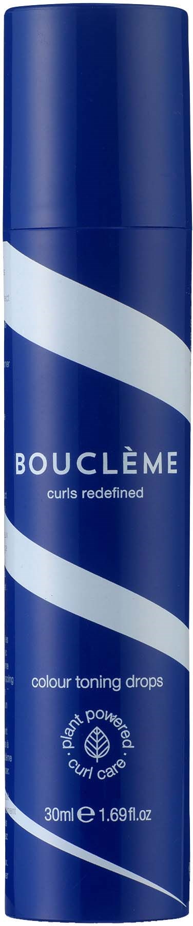 Lange blauwe spraybus met witte spiralendessin, gelabeld 'BOUCLÈME' voor haarkleuringsdruppels, 30 ml.