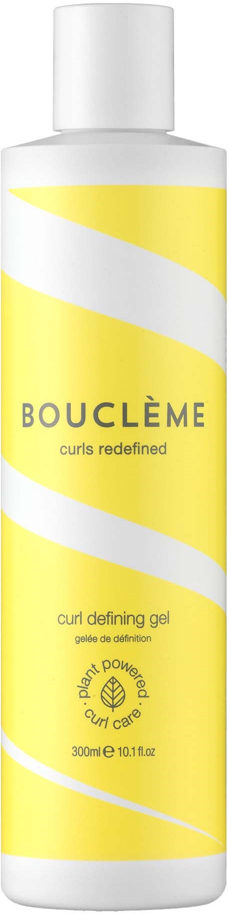 Een gele en witte fles met Bouclème, kruldefinieergel, 300 ml grote en stippen cirkel logo.