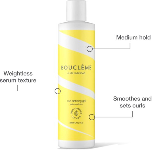 Een geel-witte fles met krullendefiniërende gel. Geeft medium hold en verzacht krullen.