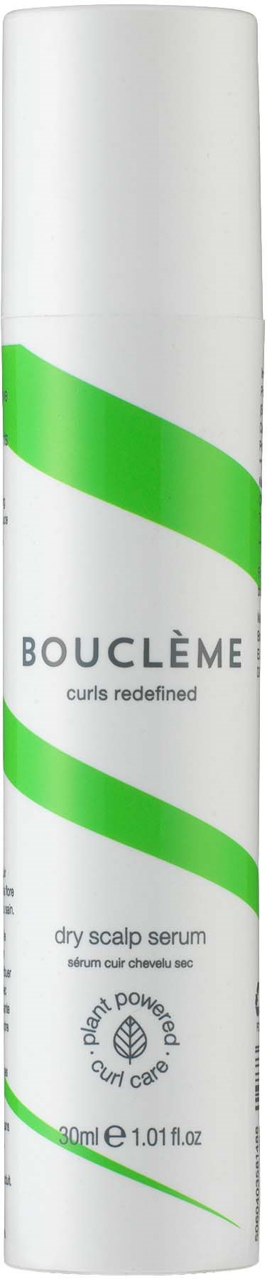 Een witte cilindervormige fles met groene golvende lijnen en tekst, bevat serum voor een droge hoofdhuid.