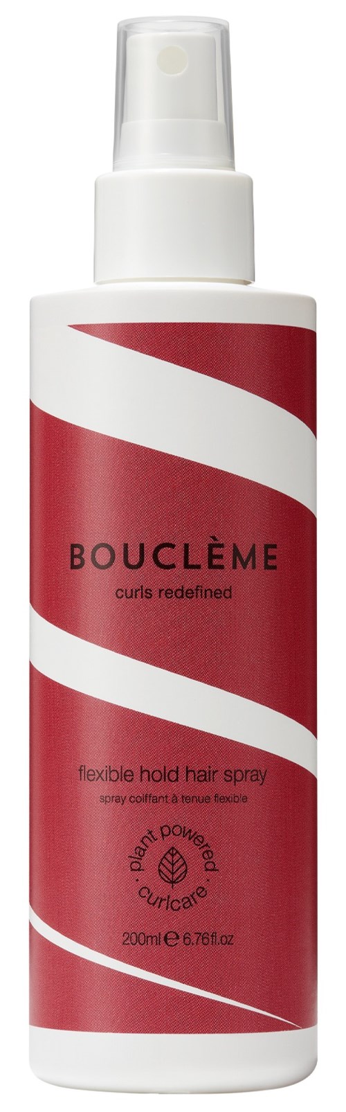 Een witte fles met rode spiraalontwerp, label Bois Clème curl redefining haarspray, 200 ml, flexibel houd.