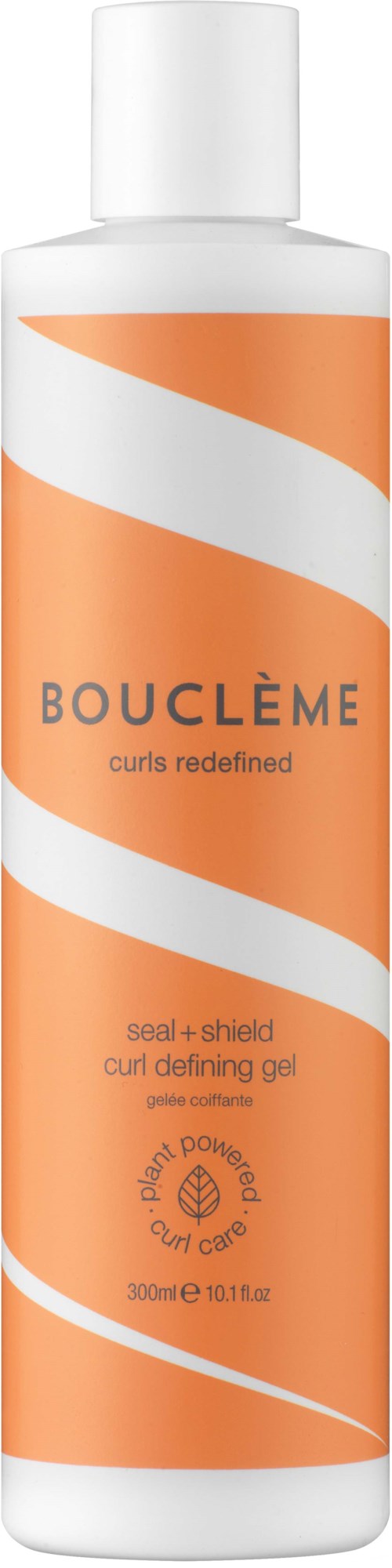 Een lange, witte en oranje fles haar gel met de merknaam Bouclème en label die krullendefiniëren gel zegt.