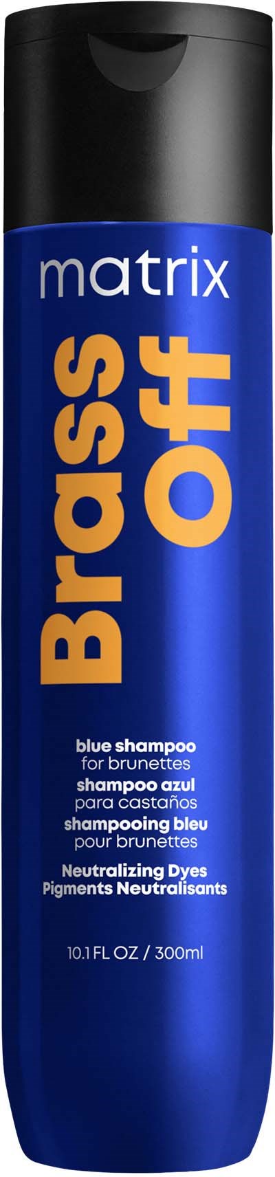 Eine lange blaue Dose Matrix Brass Off Shampoo für Blonde, neutralisiert Pigmente, 10 fl oz.