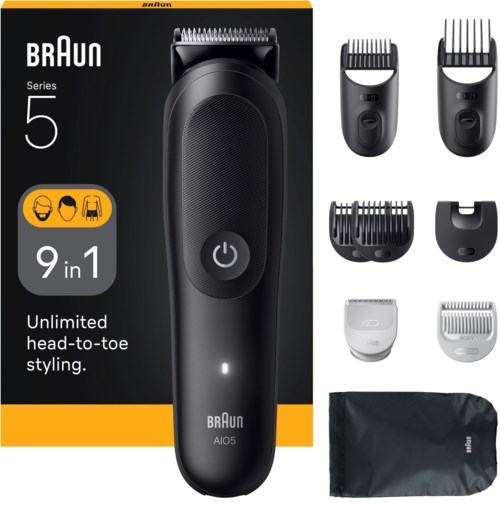 Eine Box zeigt einen Braun Series 5 Elektrorasierer mit mehreren Aufsätzen und einer Tragetasche.