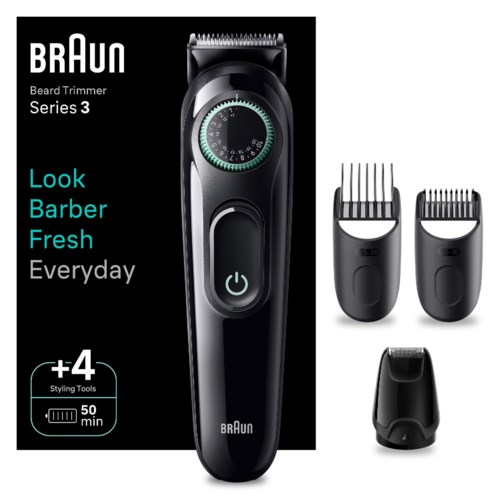 A beard trimmer with two clipper heads, a dial, and power button, in black color, shown against a black background.