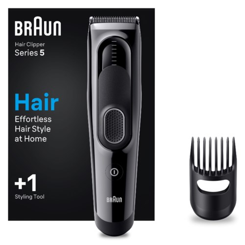 A black hair clipper with a detachable blade and a power button, with packaging showing brand and features.