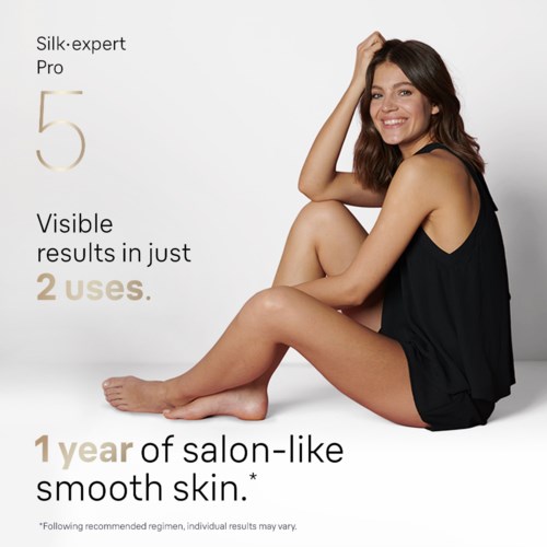 Silk-expert Pro 5 zeigt sichtbare Ergebnisse in nur 2 Anwendungen, mit einem Jahr salonähnlich glatter Haut. Sauberes, minimalistisches Design.