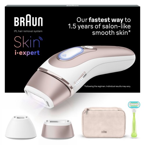 Verpackung für Braun IPL-Haarentfernungsgerät mit Gerät, zwei Aufsätzen, Tasche und Rasierer.