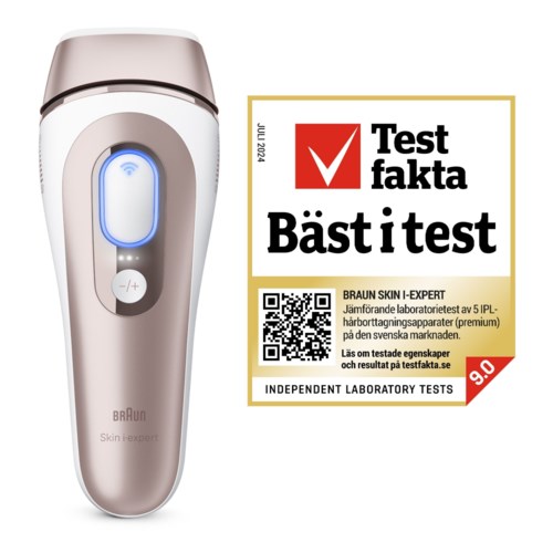 Ein weißes elektrisches Gerät mit blauer Beleuchtung und Plus/Minus-Tasten neben einem Testbericht. Der Bericht enthält Text und einen QR-Code.