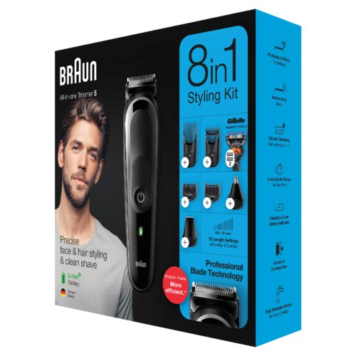Verpackung für Braun 8-in-1 Styling-Set für Bart und Haar, enthält mehrere Aufsätze und einen elektrischen Trimmer.