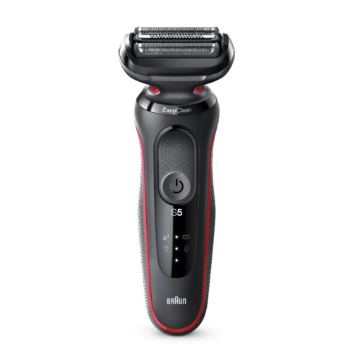 A black electric shaver with red accents, a power button, and a cleaning indicator. It has a wide foil head.