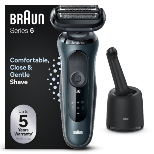 En Braun Series 6 elektrisk barberare med laddningsstation, visar dess förpackning och designfunktioner.