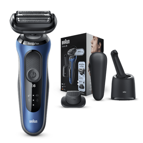 An electric shaver with a blue handle, multiple attachments, and a box showing its features.