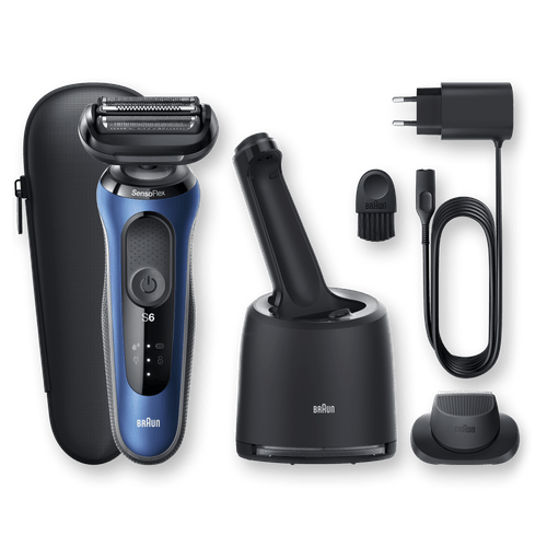 Electric shaver with a blue and black body, charging stand, power button, and accessories like a cleaning brush and charging cable.