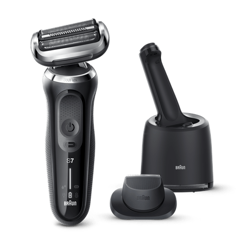 Electric shaver with a cleaning station and replacement head.