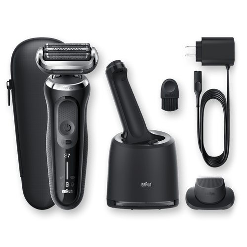 Electric shaver with a charging dock, power button, and a cord, designed for grooming facial hair.