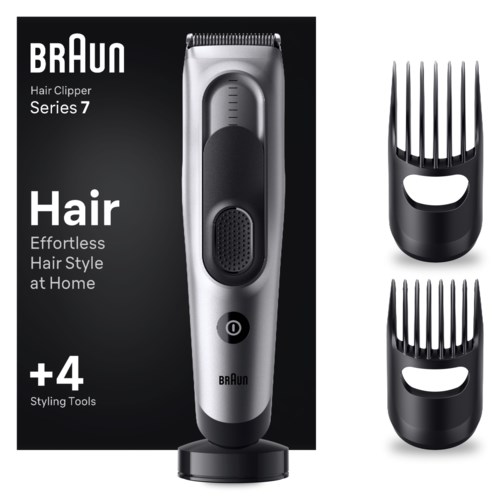 Haarschneider mit zwei Aufsätzen, schlankes silbernes Design, schwarzer Griff, zum Stylen der Haare zu Hause.