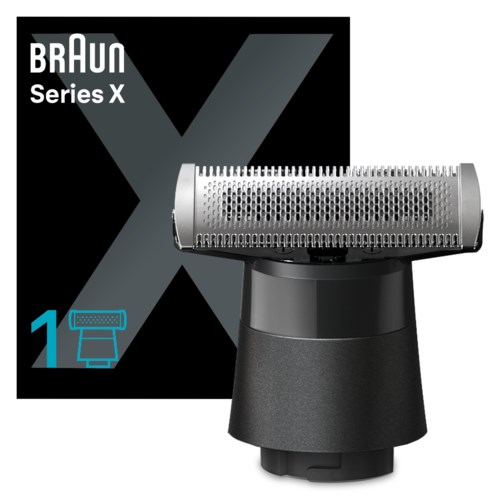 Eine Braun Series X Rasierer-Klinge und deren Verpackung gezeigt, mit einer schwarzen Box und einer silbernen Klinge.