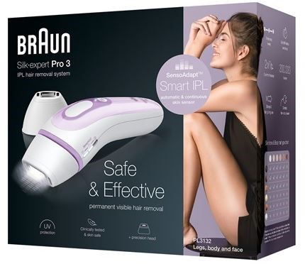 Verpackung für Braun Silk-expert Pro 3 IPL-Haarentfernungssystem. Zeigt eine lächelnde Frau, die Sicherheit und Wirksamkeit betont.
