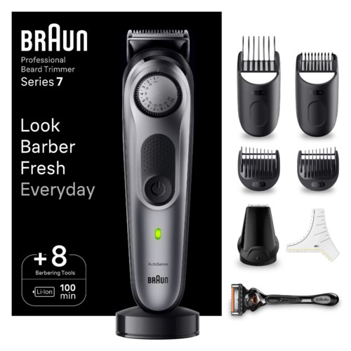 A cordless beard trimmer with multiple attachments, a cleaning brush, a guide comb, and a charging base.