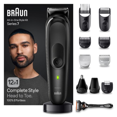 Ein Pflege-Kit mit einem Trimmer, mehreren Aufsätzen und einer Ladestation, neben der Verpackung mit einem Männergesicht.