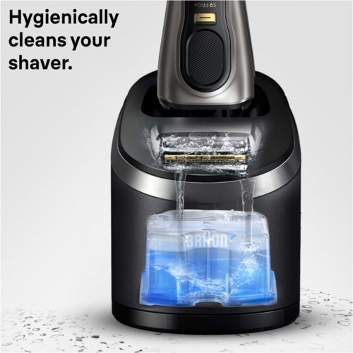An electric shaver with a cleaning station, sprays water, and foam, keeping it hygienic.