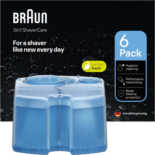 A blue shaving razor holder with six compartments, lemon fresh scent, promoting hygiene, performance, and protection.