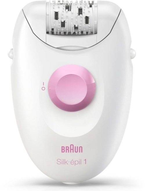 En vit epilatorsenhet med en rosa kontrollknapp och märket 'BRAUN'.