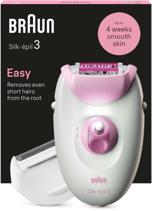 Electric shaver with pink and white design, labeled Braun Silk-épil 3, for up to 4 weeks smooth skin, removes short hairs.