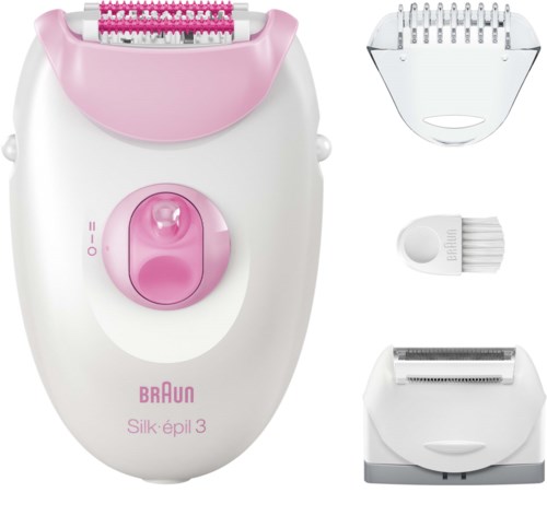 A facial epilator with a pink and white design, various attachments for hair removal and facial care.