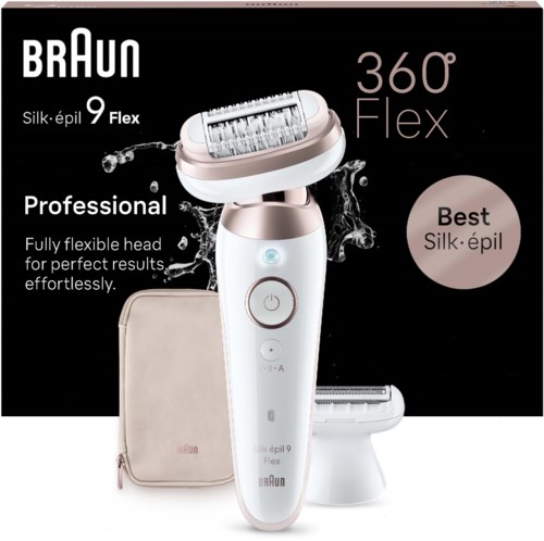 A white lady shaver with a large head, water splashes, a beige pouch, and text promoting flexibility and quality.