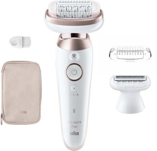 A facial hair removal device with attachments for different areas and a carrying pouch.