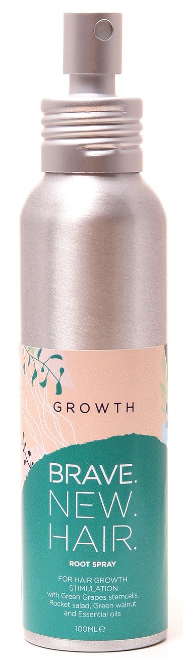 Eine silberne Sprühflasche mit pinker und türkisfarbener Etikette für Haarwachstum, genannt "Brave New Hair".
