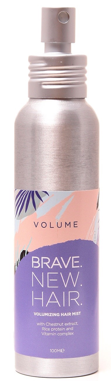 Silberne Sprühflasche mit 'Brave New Hair' für Haardichte, mit lila und rosa Kunstdesign und Sprühkopf.