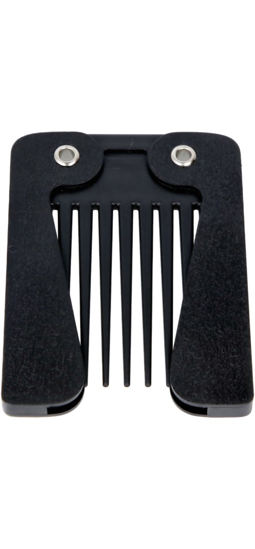 Ein schwarzer Gitarren-Capo mit Federmechanismus und verstellbarem Schaft mit mehreren kleinen Metallstiften.