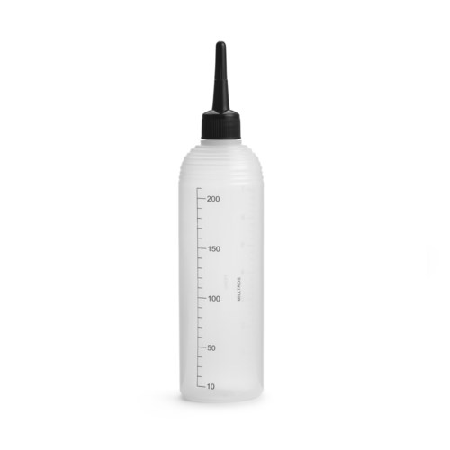 A clear plastic squeeze bottle with black nozzle, marked in milliliters, used for condiments or liquids.