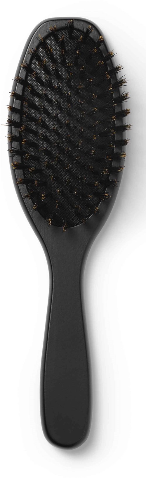 A black hairbrush with a oval shape and numerous bristles for detangling hair.