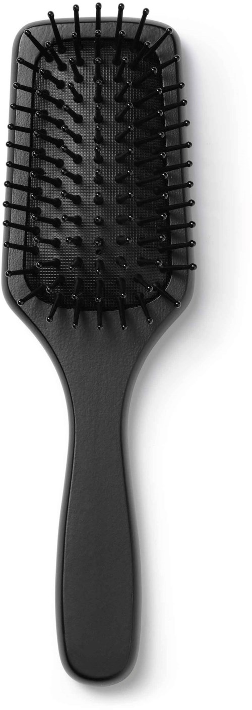 A black hairbrush with a long handle and plastic bristles on an off-white background.