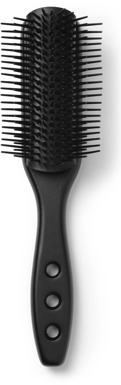 A black hairbrush with a handle and long, evenly spaced bristles.