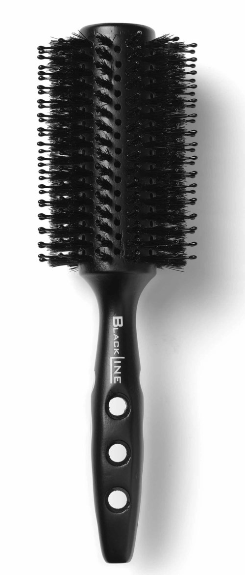 A black round hairbrush with bristles, handle with three holes, and the words 'Black Line' on it.