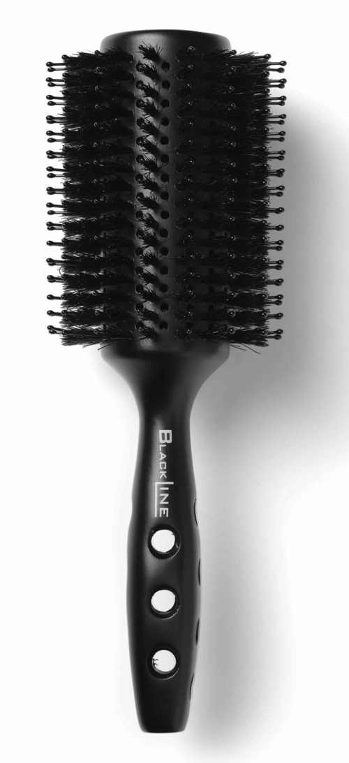 A black round hairbrush with bristles, handle has three holes, and the word 'BALAYLINE' on it.