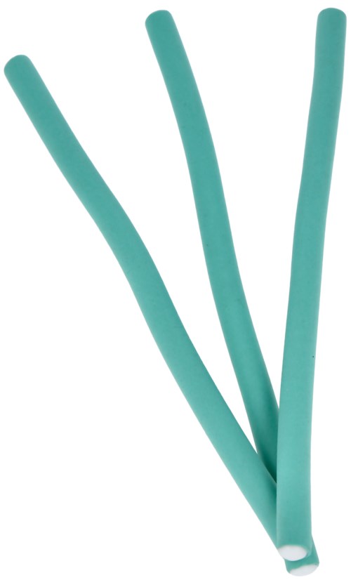 Three flexible blue plastic strips are bent in different directions, slightly curved, with a smooth surface, isolated on white.